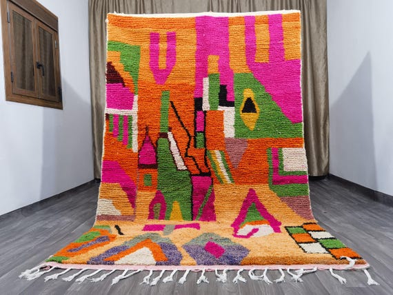 Artistic Beni Ourain Rug - Berber Colorful Runner Rug - Moroccan Orange Rug - Hand Knotted Wool Rug - Soft Area Rug - Rugs For Living Room