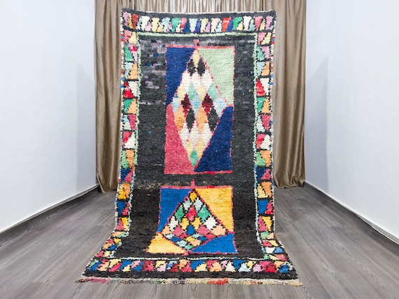 Vintage Boujaad Rug, Moroccan Boucherouite Rag Rug, Handmade Wool Carpet (4.2x8.2 ft)