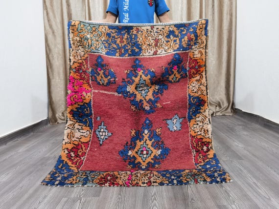 Blue Rug For Your Living Room 3.7x4.7 ft - Morocco Soft Rug - Berber Area Rug - Red Rug - Unique Beniourain Rug - Tribal Area Rug