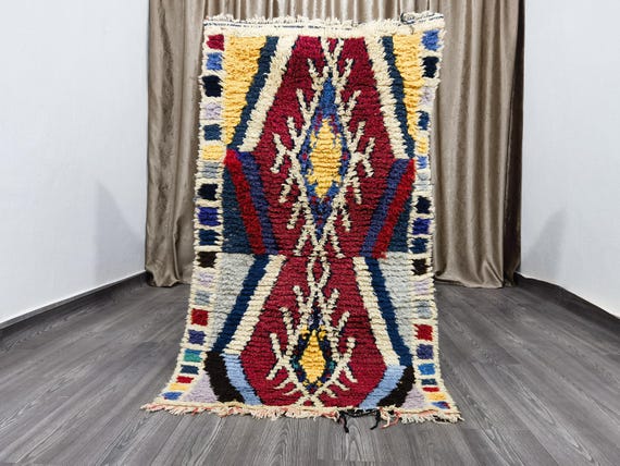Gorgeous Handmade Moroccan Bohemian Shag Rug - Moroccan Colorful Boucherouite Rug - Old Boucherouite Rug 3x5.1 Ft 90 X 156 cm
