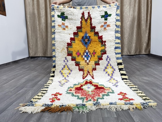 Gorgeous Handmade Moroccan Bohemian Shag Rug - Moroccan Colorful Boucherouite Rug - Old Boucherouite Rug 3.3x6 FT ( 101 X 182 Cm) .