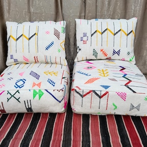 Custom Moroccan White Floor Cushion 2 Places Salon -Unstuffed 2 Seats Cushions + 2 Back Cushions