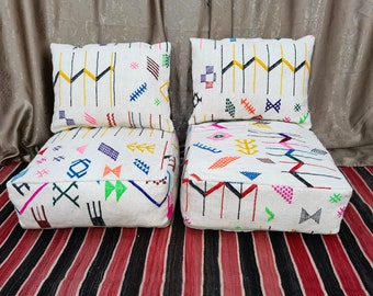 Custom Moroccan White Floor Cushion 2 Places Salon -Unstuffed 2 Seats Cushions + 2 Back Cushions