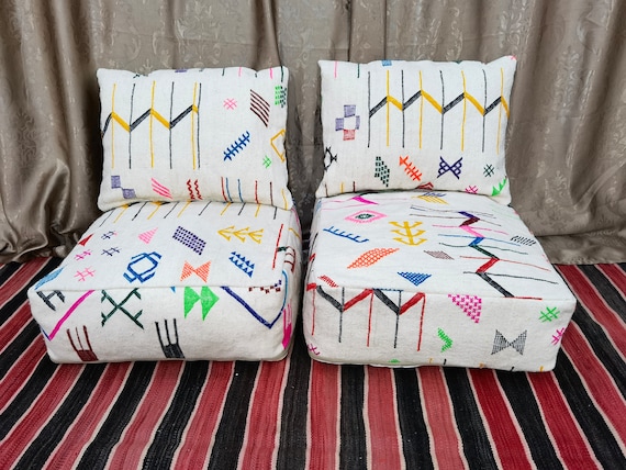 Custom Moroccan White Floor Cushion 2 Places Salon -Unstuffed 2 Seats Cushions + 2 Back Cushions