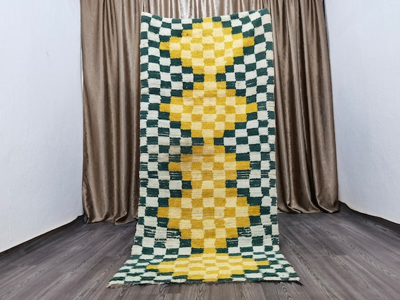Boujaad Rugs For Living Room - Vintage Boujaad Rug , Authentic Moroccan Rug 3.3x7.4 ft (225 x 100 cm) , Morocan Green and yellow Rug .