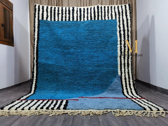 Handmade Blue Striped Berber Rug: Moroccan Boujad Wool Carpet