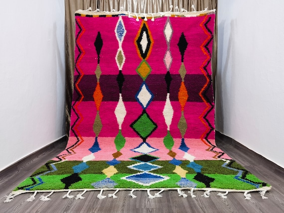 Gorgeous Moroccan Pink Rug - Wool Rug Green - Quality Handmade Morrocan Rug - Pink Moroccan Rug - Moroccan Berber Tufted Rug - Berber Carpet