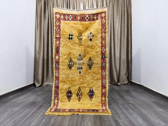 Gold Moroccan Runner Rug, Moroccan Handmade Runner Rug, Authentic Moroccan Rug, Traditional Rug, Boho Rug 2.8x5.8 Ft 87 X 178 cm .