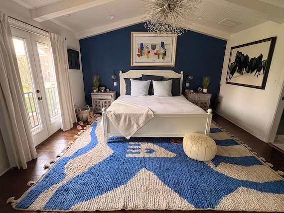 Handmade Blue and Cream Moroccan Rug – Boho Berber Area Rug