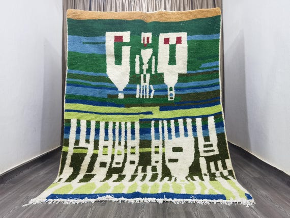 AMAZING MOROCCAN GREEN Rug - Custom Bohemian Rugs - Wool Rug Blue - Quality Handmade Morrocan Rug - Personalize Gifts For Home Decor