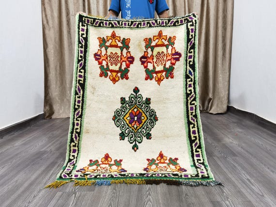 White Rug For Your Living Room 3.2x4.5 ft - Morocco Soft Rug - Berber Area Rug - Green Rug - Unique Beniourain Rug - Tribal Area Rug