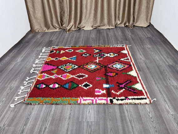 Handmade Wool Moroccan Rug: Red Bohemian Carpet