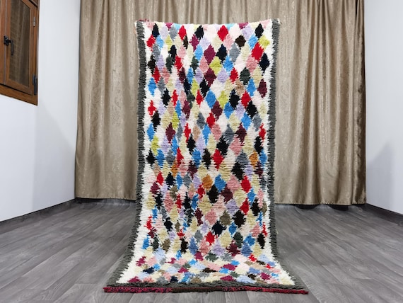 Vintage Checkered Boujaad Rug: Colorful Moroccan Berber Wool Rug (3x6.6 ft)