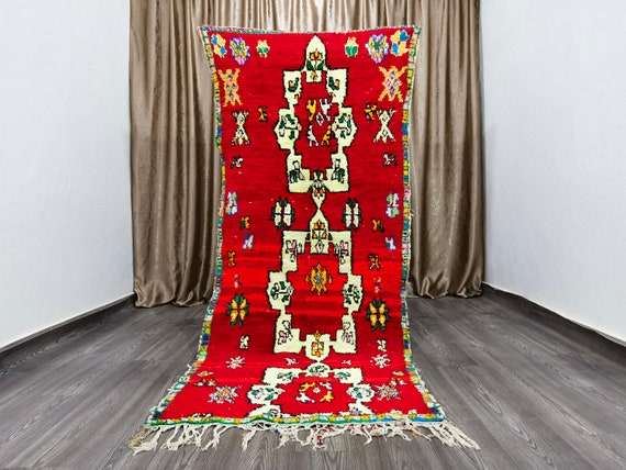 Hand-Knotted Wool Boujad Runner Rug – 3.3x8.2 ft, Red Berber Carpet