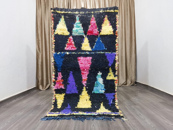 Black Rugs For Living Room 3.3x6.4 ft - Old Boucherouite Rug - Moroccan Handmade Rug, Tribal Berber Rug, Unique Colorful boujaad Rug