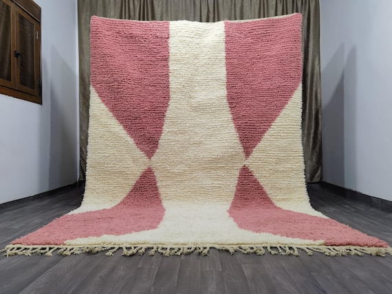 Handmade Pink Berber Rug, Geometric Wool Boujad Carpet