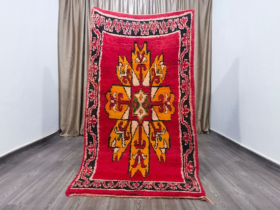 Hand-Knotted Moroccan Red Wool Rug: Berber Boujaad Runner (6.6 x 3.6 ft)