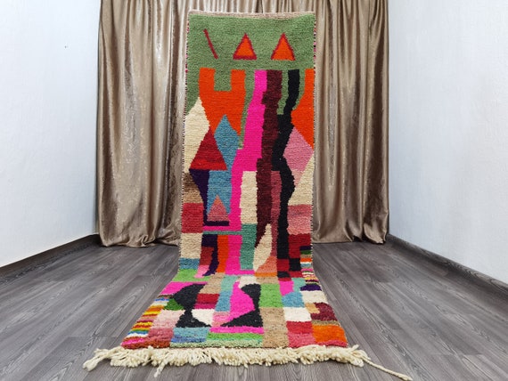 custom runner moroccan Hand knotted Runner rug , Authentic Moroccan Rug , colorful rug runner , For Your Living Room , green and pink rug .
