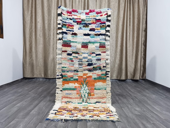 Handmade Orange Boucherouite Rug: Moroccan Bohemian Shag Runner