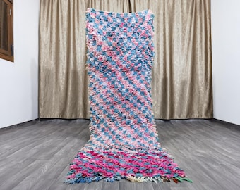 Hand-Knotted Colorful Boucherouite Rug, Berber Moroccan Rug (2.5x8.4 Ft)