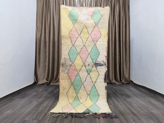 2.8x7.4 Ft Berber Woven Boucherouite Runner, Colorful Rug Runner, Bathroom Rug, Green Colorful boujaad Runner, Boucherouite Unique Runner .