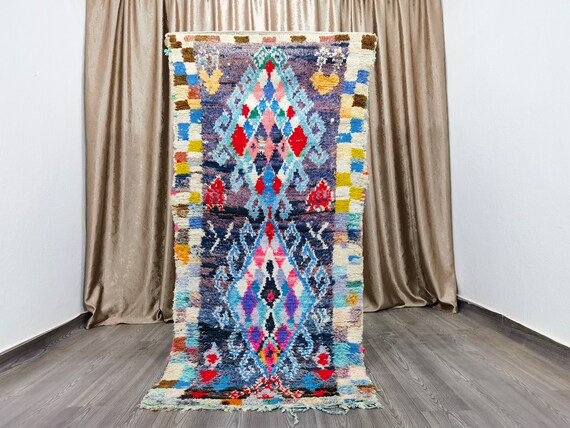 Blue Moroccan Runner Rug, Moroccan Handmade Runner Rug, Authentic Moroccan Rug, Berber Blue rug - Blue Morrocan Rug 3.1x6.7 Ft 95 205 cm .