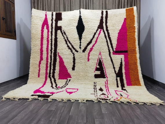 Unique Moroccan Pink Rug - Handmade Morrocan Rug, Moroccan Cream Rug ,Authentic Berber Rug, Bohemian Style Rug For Living Room .