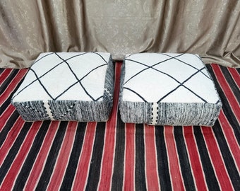 Handgefertigte Marokkanischen Boden Pouf: Weiß & Schwarz Kissen