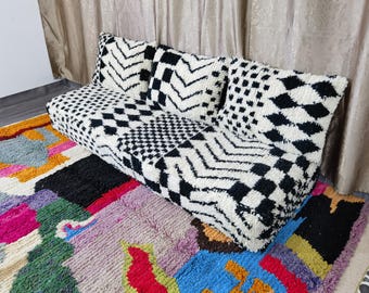 Sofá marroquí de lana hecho a mano - Sin relleno, con cojines en el respaldo