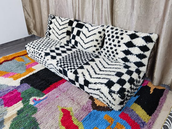 Handmade Wool Moroccan Floor Couch - Unstuffed, with Back Pillows
