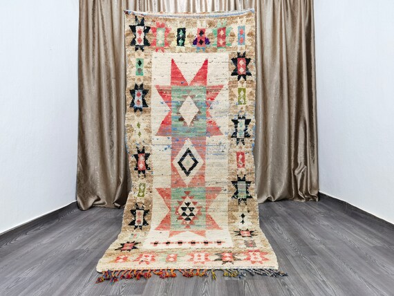 Gorgeous Moroccan Shag Rug Runner , Handmade Abstract Multicolored Carpet 3.5x8.7 Ft 107 X 266 cm .