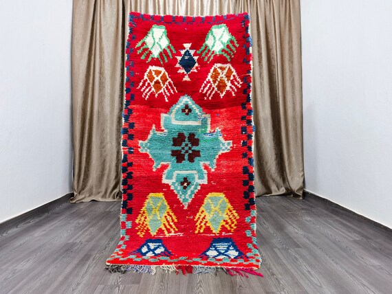 Amazing Moroccan Red Rug 3x6.2 Ft - Bohemian Rugs - Wool Rug Green - Quality Handmade Morrocan Rug - Personalize Gifts For Home Decor