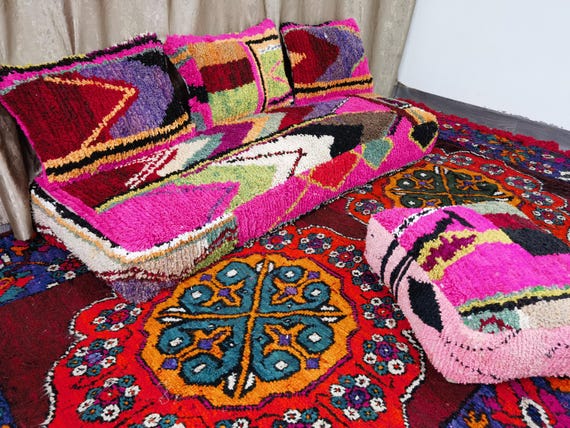Moroccan Sofa - 6 ft (180x60x20 cm) Unstuffed Long Pink Floor Cushion + 3 Back Pillows + Small Pouf .