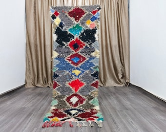 Hand-Knotted Cotton Boujaad Runner Rug – Colorful Berber Carpet (2.2x6.9 Ft)