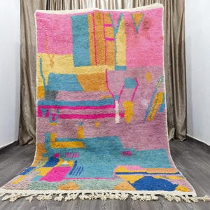 Unique Authentic Moroccan Rug - Hand Knotted Wool Rug - Wool Shaggy Rug - Beni Ourain Colorful Carpet - Hand Tufted Geometric Rug .