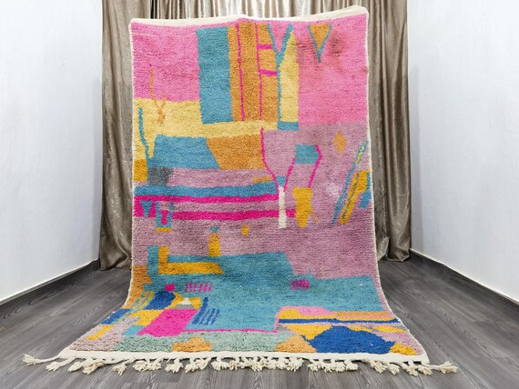 Unique Authentic Moroccan Rug - Hand Knotted Wool Rug - Wool Shaggy Rug - Beni Ourain Colorful Carpet - Hand Tufted Geometric Rug .