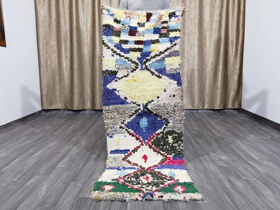 Moroccan Bohemian Berber Rug ,Boucherouite Striped Colorful Rug ,Geometric Cotton Rug Runner, Berber Rug Hand Knotted , Berber Area Rug .
