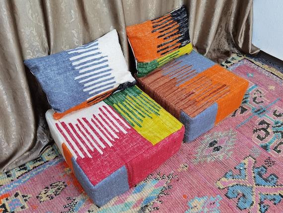 Custom Moroccan salon-Unstuffed Seats Cushions-2 Back Cushions+2 Pouffe Moroccan - morocco sofa-rug pouf-handmade rug cushion-carpet cushion