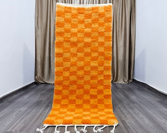 Orange Rug - Orange checker rug - Wool Orange checker rug - Checkered area rug  - Moroccan Berber checkered rug - Moroccan Carpet