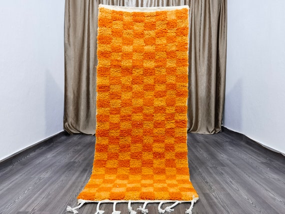 Orange Rug - Orange checker rug - Wool Orange checker rug - Checkered area rug  - Moroccan Berber checkered rug - Moroccan Carpet