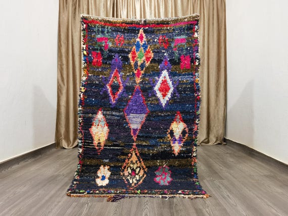 Gorgeous Handmade Moroccan Bohemian Shag Rug - Moroccan Colorful Boucherouite Rug - Old Boucherouite Rug 3.4x5.4 FT ( 105 X 165 Cm) .