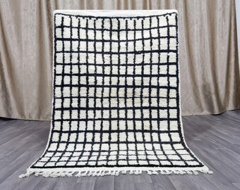 Handgjord Boujad-ullmatta, svartvit berbermatta, boho-stil