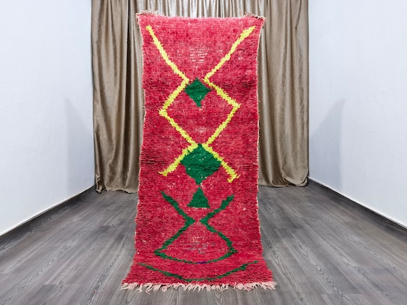 Moroccan Hand Knotted Runner Rug,Green Wool Shaggy Rug,Gorgeous Boujaad Red Rug,Authentic Moroccan Rug, Moroccan Fluffy Rug