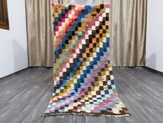 Azilal Rug Runner - Boho Outdoor Runner Rug - Moroccan entrance rug- Tribal Checkered Rug - unique runner rug - Vintage boujad runner .