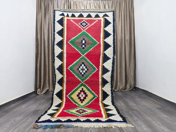 Gorgeous Authentic boujaad runner rug 3.6x8.7 Ft - berber Colorful Runner Rug - Moroccan Runner Rug - Authentic Moroccan Green rug