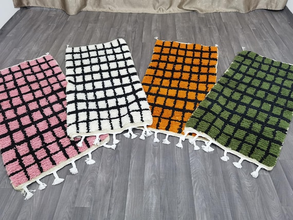 Handmade Moroccan Wool Rug Set – Checkered Berber Accent Rugs