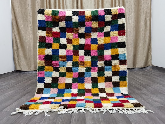 Unique Handmade Moroccan Checkered Rug - Beni Ourain Colorful Rug, Wool Rug, Checkered Rug, Colorful Moroccan Rug .
