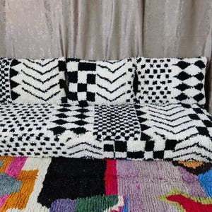 Moroccan Black and White Floor couch - Unstuffed Complete set Long Floor Cushion , Set of 6 ft (180x60x20 cm) + Back Pillows, Pillow cases