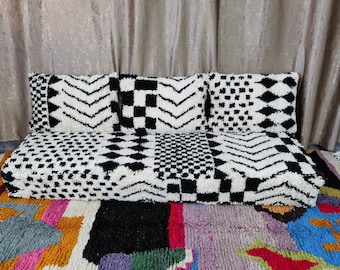 Juego de cojines marroquíes de lana hechos a mano (blanco y negro)
