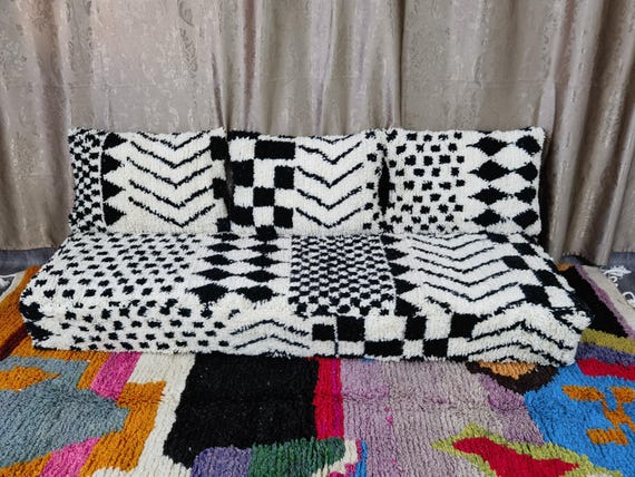 Moroccan Black and White Floor couch - Unstuffed Complete set Long Floor Cushion , Set of 6 ft (180x60x20 cm) + Back Pillows, Pillow cases